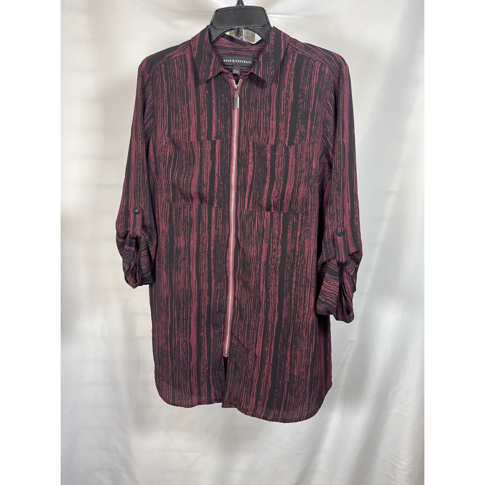 Rock & Republic Womens Full Zip Tunic Blouse Burgundy Black Striped Roll Tab M